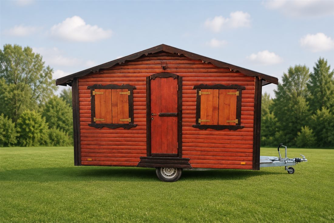 Stand mobil pe roți văzut din față